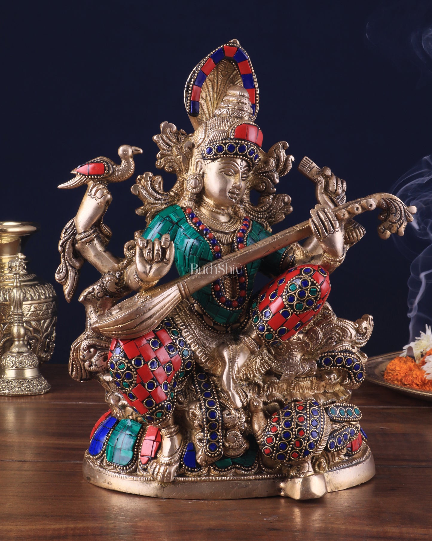 Saraswati brass idol 11 inches multi colour