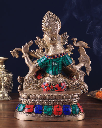 Saraswati brass idol 11 inches multi colour