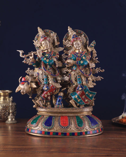 Brass Superfine Radha Krishna with Cow Idol - 16 Inch with stonework