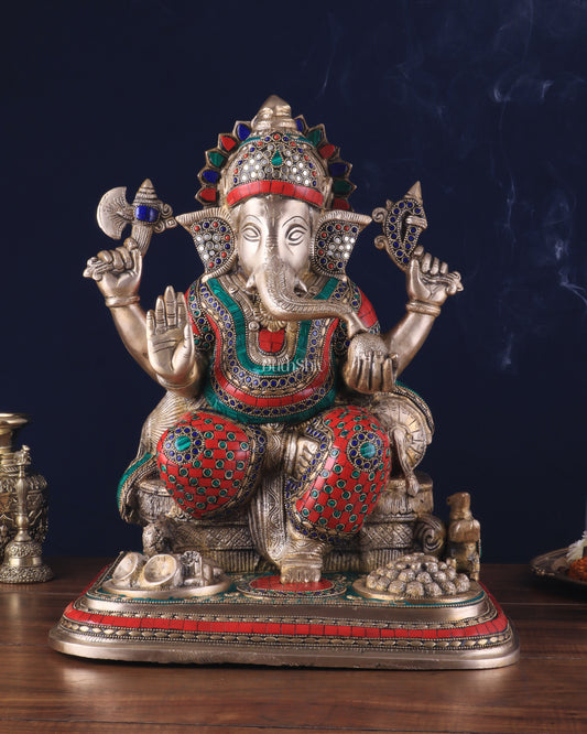 Brass Lord Ganesha Statue with Stonework - Big Size, Engraved Base 17"