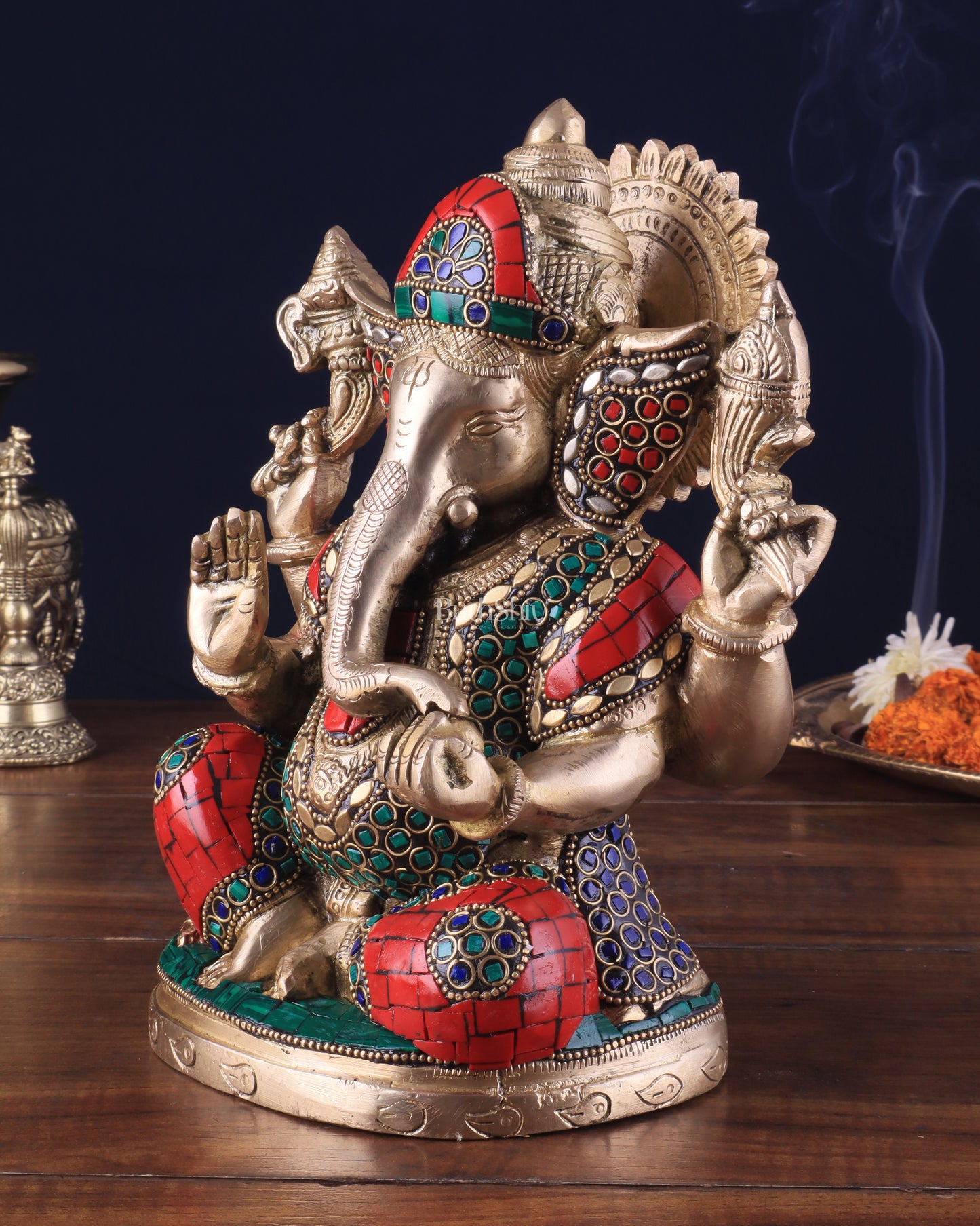 Pure Brass Lord Ganesha Idol with Stonework 9"