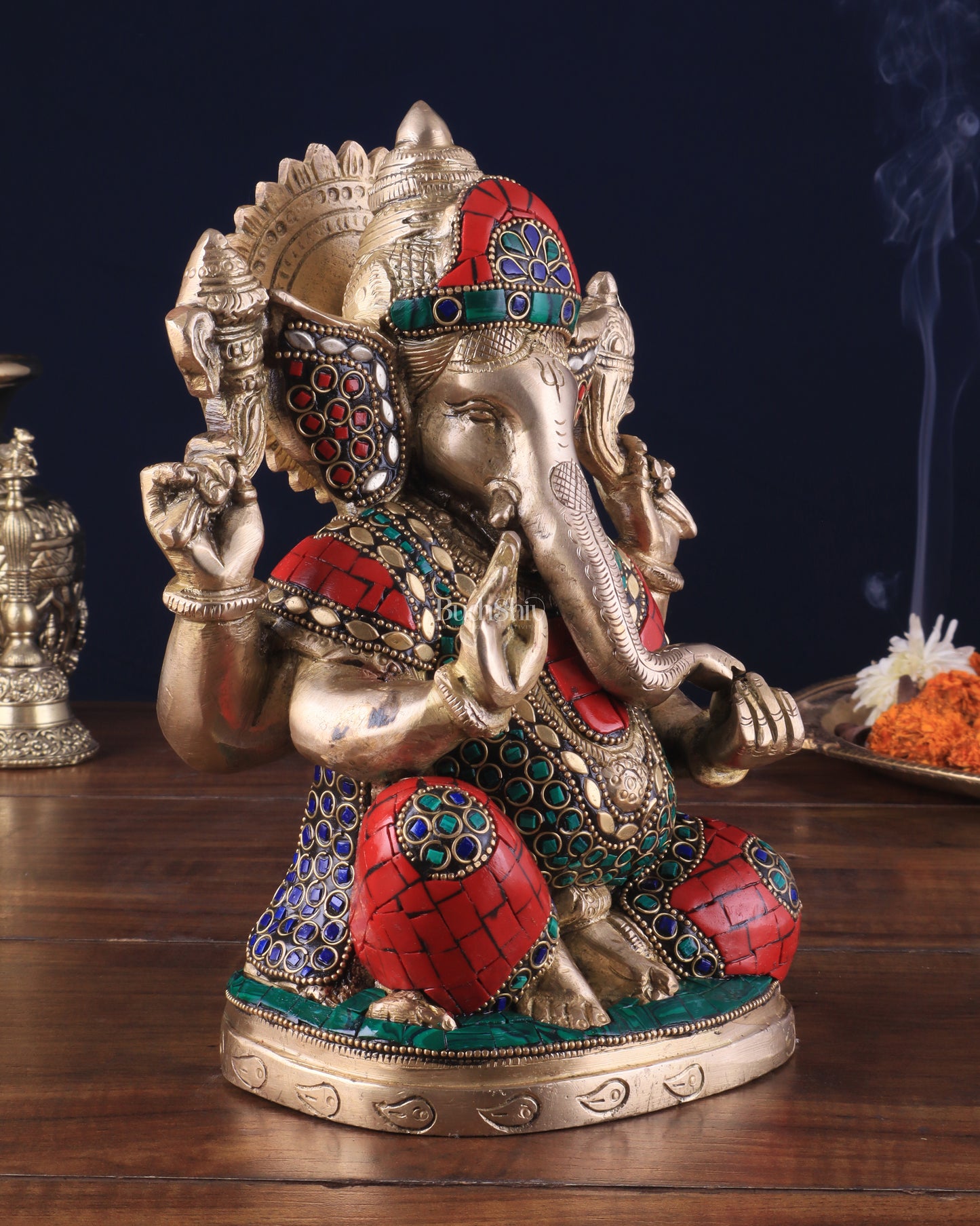 Pure Brass Lord Ganesha Idol with Stonework 9"