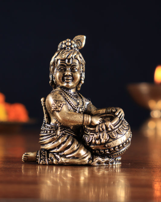 Brass Superfine Small Matki Krishna Makhanchor Idol Miniature | 2.7"