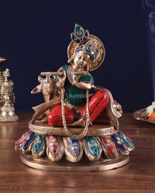 Lord krishna seated with cow brass idol with stonework 7.5 inch stonework