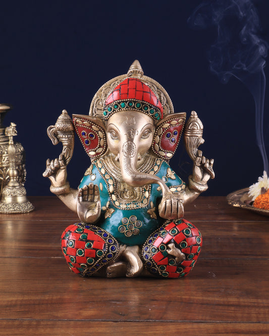 Brass lord Ganesha Idol with Sharp Features - 8 Inch with stonework