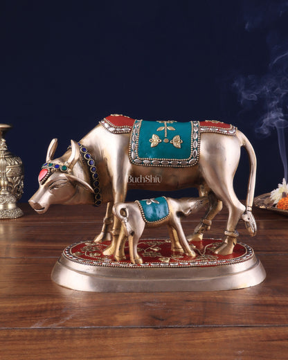 Pure Brass Kamdhenu Cow with Calf Statue - Meenakari Stonework, 8"