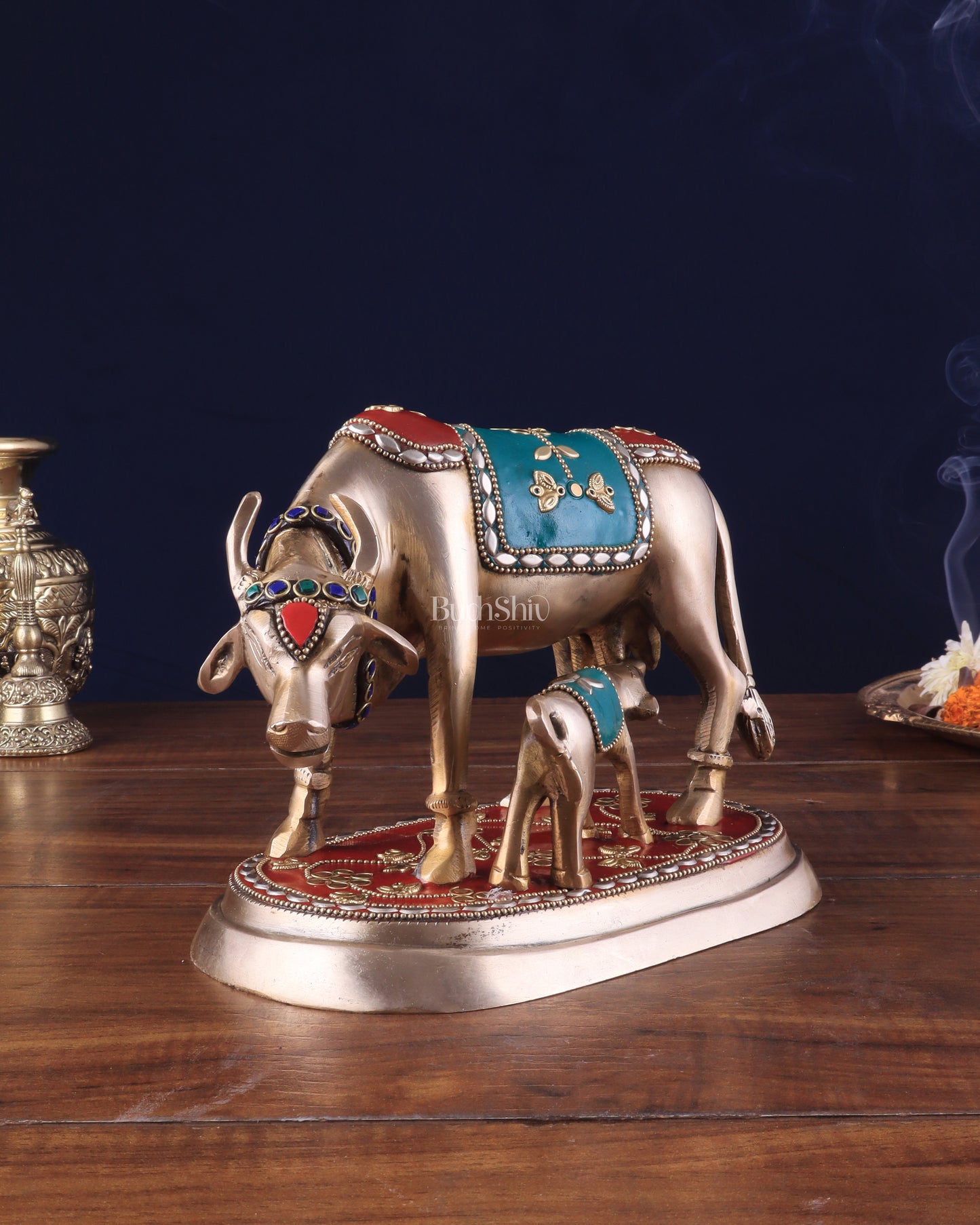 Pure Brass Kamdhenu Cow with Calf Statue - Meenakari Stonework, 8"