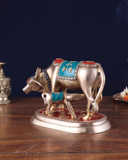 Pure Brass Kamdhenu Cow with Calf Statue - Meenakari Stonework, 8"