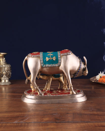 Pure Brass Kamdhenu Cow with Calf Statue - Meenakari Stonework, 8"