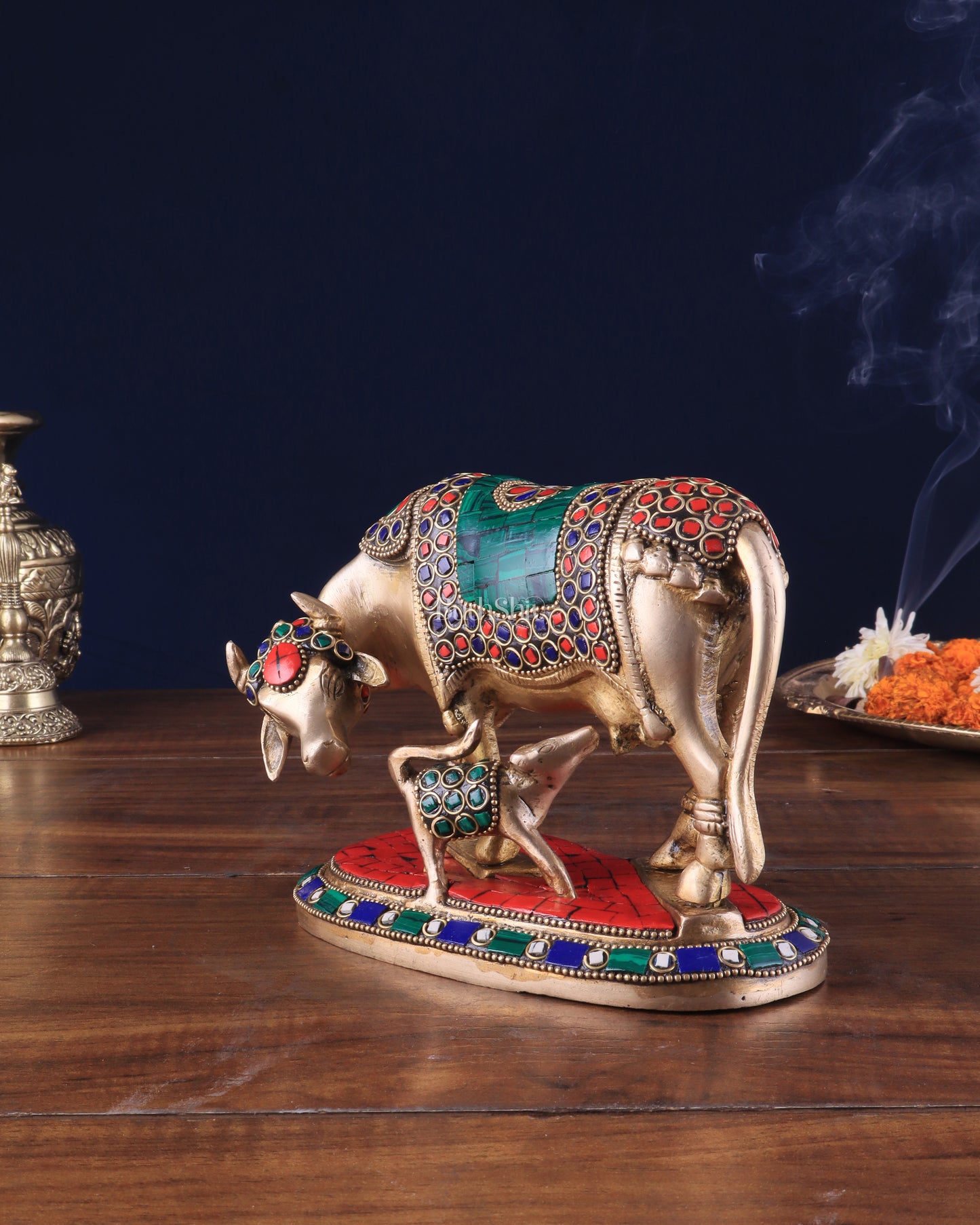 Handcrafted Brass Kamdhenu Cow with Calf Statue 9"