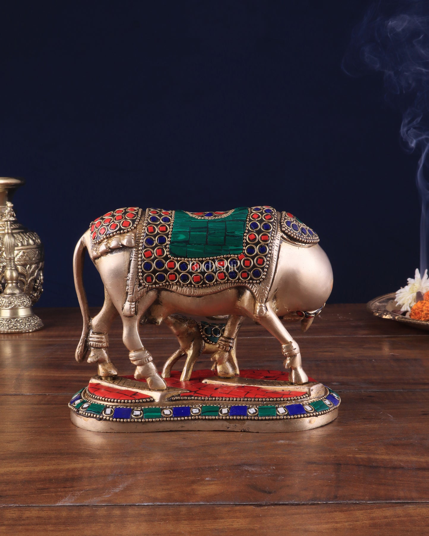 Handcrafted Brass Kamdhenu Cow with Calf Statue 9"