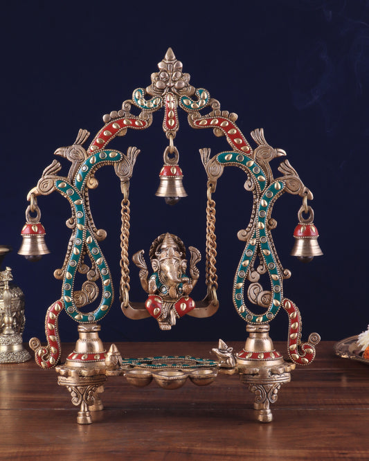 Brass Ganesha Swing with Three Diyas 13.5"