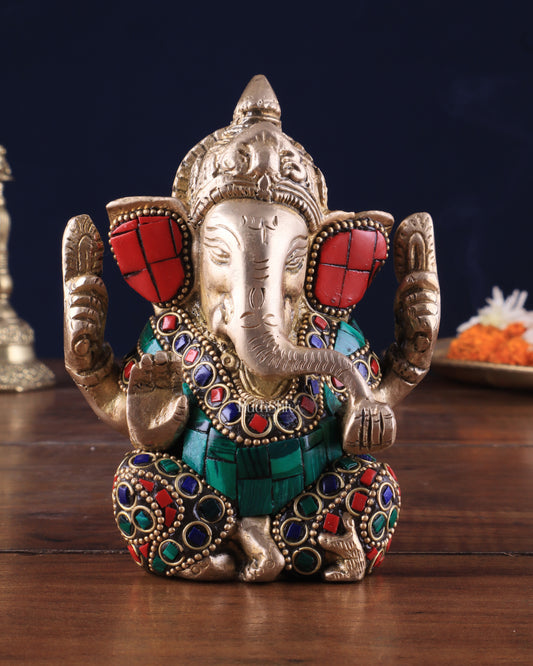 Small Pure Brass Lord Ganesha Idol with Stonework - 5 Inch