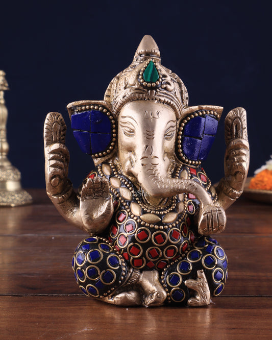 Small Pure Brass Lord Ganesha Idol with Stonework - 5 Inch