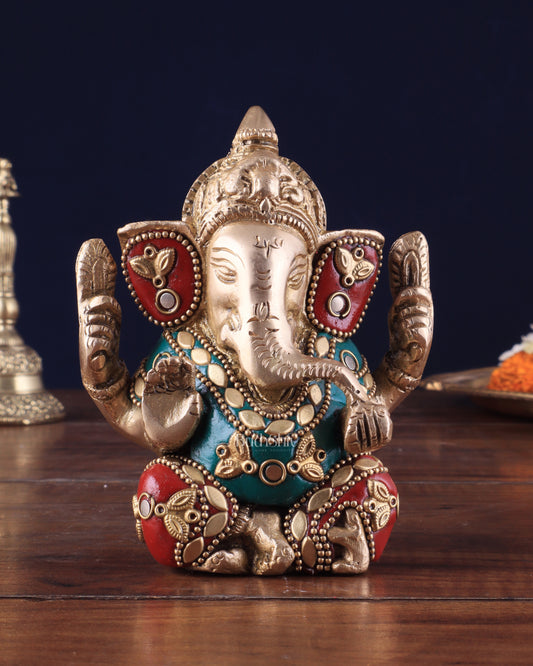 Small Pure Brass Lord Ganesha Idol with Stonework - 5 Inch