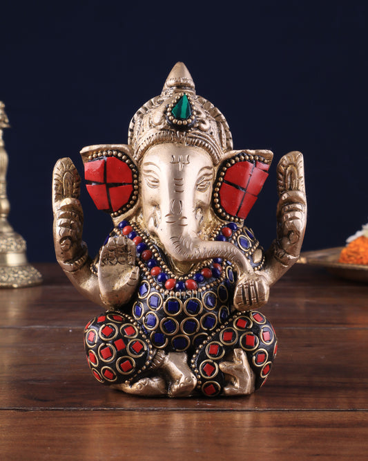 Small Pure Brass Lord Ganesha Idol with Stonework - 5 Inch