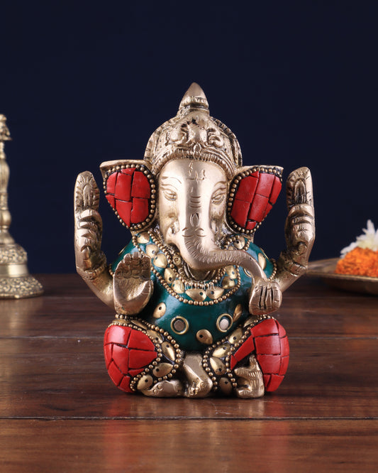 Small Pure Brass Lord Ganesha Idol with Stonework - 5 Inch