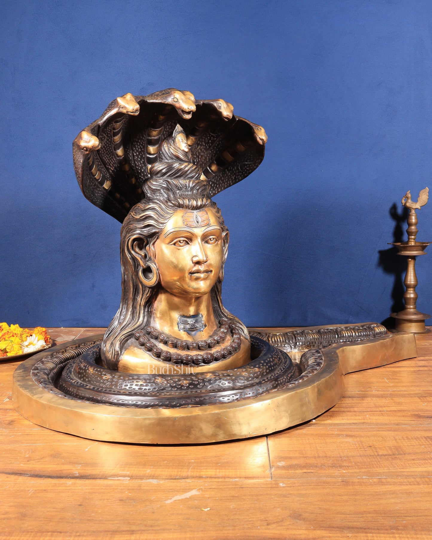 Large Brass Lord Shiva Mukhalingam Shivling – 24" x 25" x 36" | Temple-Perfect with Detachable Base & Vasuki