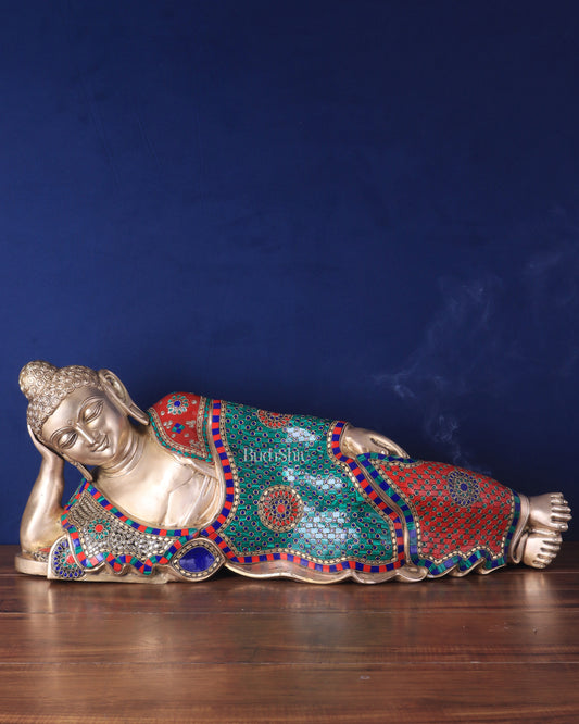 Elegant Brass Resting Buddha Statue – multi colour stonework  29"