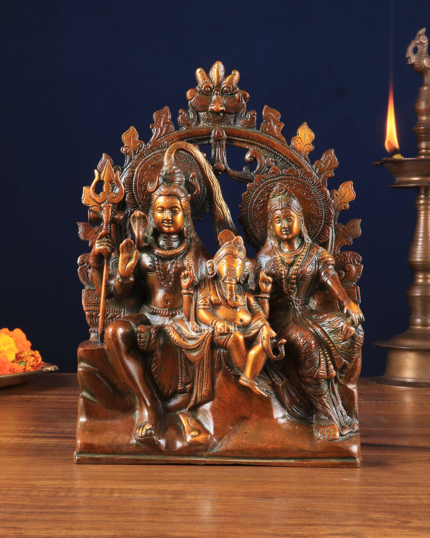 Pure Brass Lord Shiv Parvati with Ganesha Idol and Prabhavali 10.7 inch brown gold