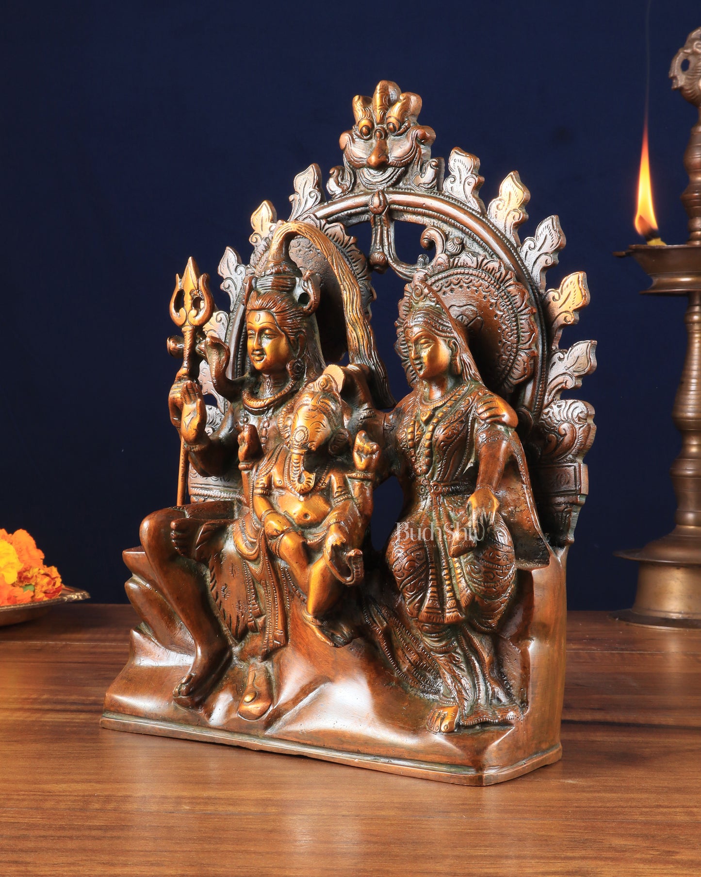 Pure Brass Lord Shiv Parvati with Ganesha Idol and Prabhavali 10.7 inch brown gold