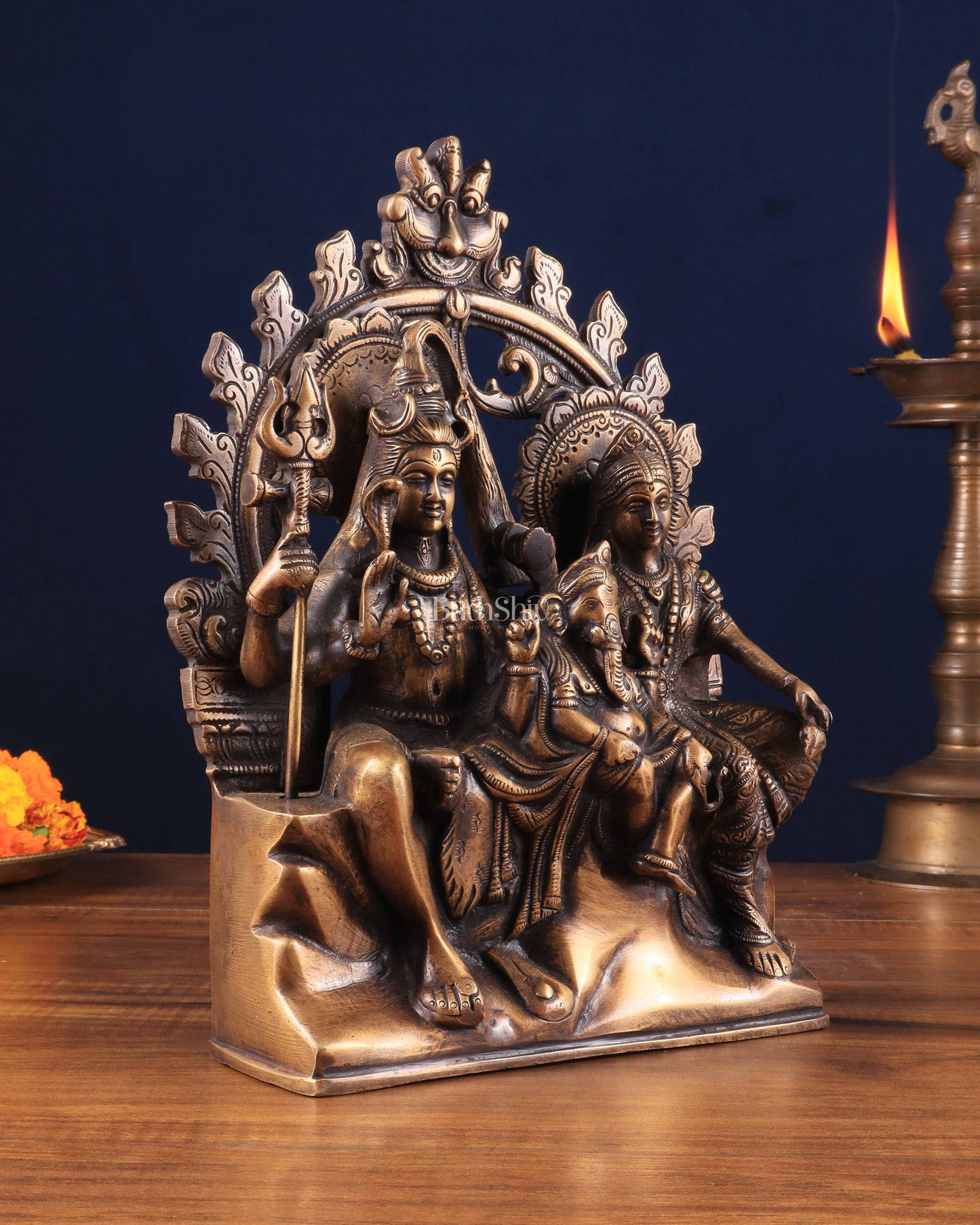 Pure Brass Lord Shiv Parvati with Ganesha Idol and Prabhavali 10.7 inch antique tone