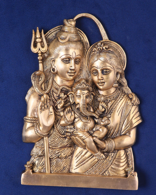 Brass Lord Shiva and Goddess Parvati with Baby Ganesha Wall Hanging – Auspicious 11.5"