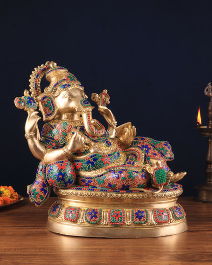 Majestic Brass Ganesha Resting Statue – 17" x 15.5" x 6.5" | Unique Stonework Design