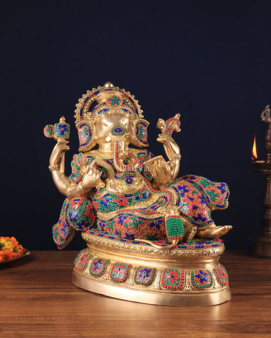 Majestic Brass Ganesha Resting Statue – 17" x 15.5" x 6.5" | Unique Stonework Design