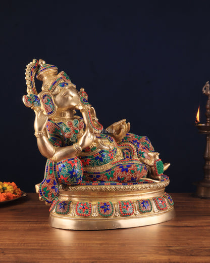 Majestic Brass Ganesha Resting Statue – 17" x 15.5" x 6.5" | Unique Stonework Design