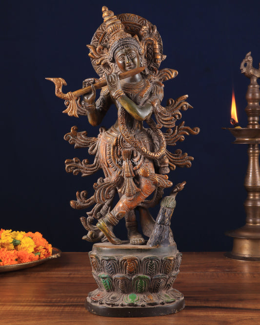 Pure Brass Lord Krishna Statue – 12" x 5.6" x 2.6" | Antique Sand Patina Finish