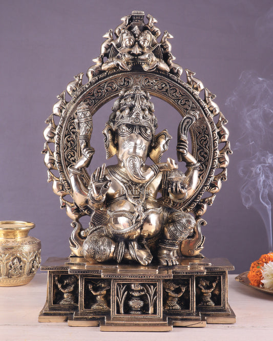 Unique Brass Lord Ganesha Statue with Kirtimukha Prabhavali Arch | 19.5 Inches