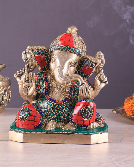 Pure Brass Ganesha Statue with Stonework – 7.5 Inch Elegant Design