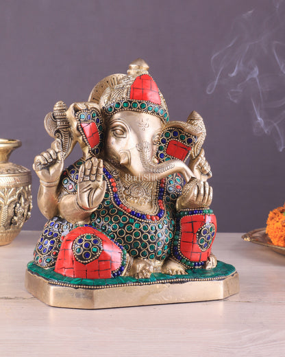 Pure Brass Ganesha Statue with Stonework – 7.5 Inch Elegant Design