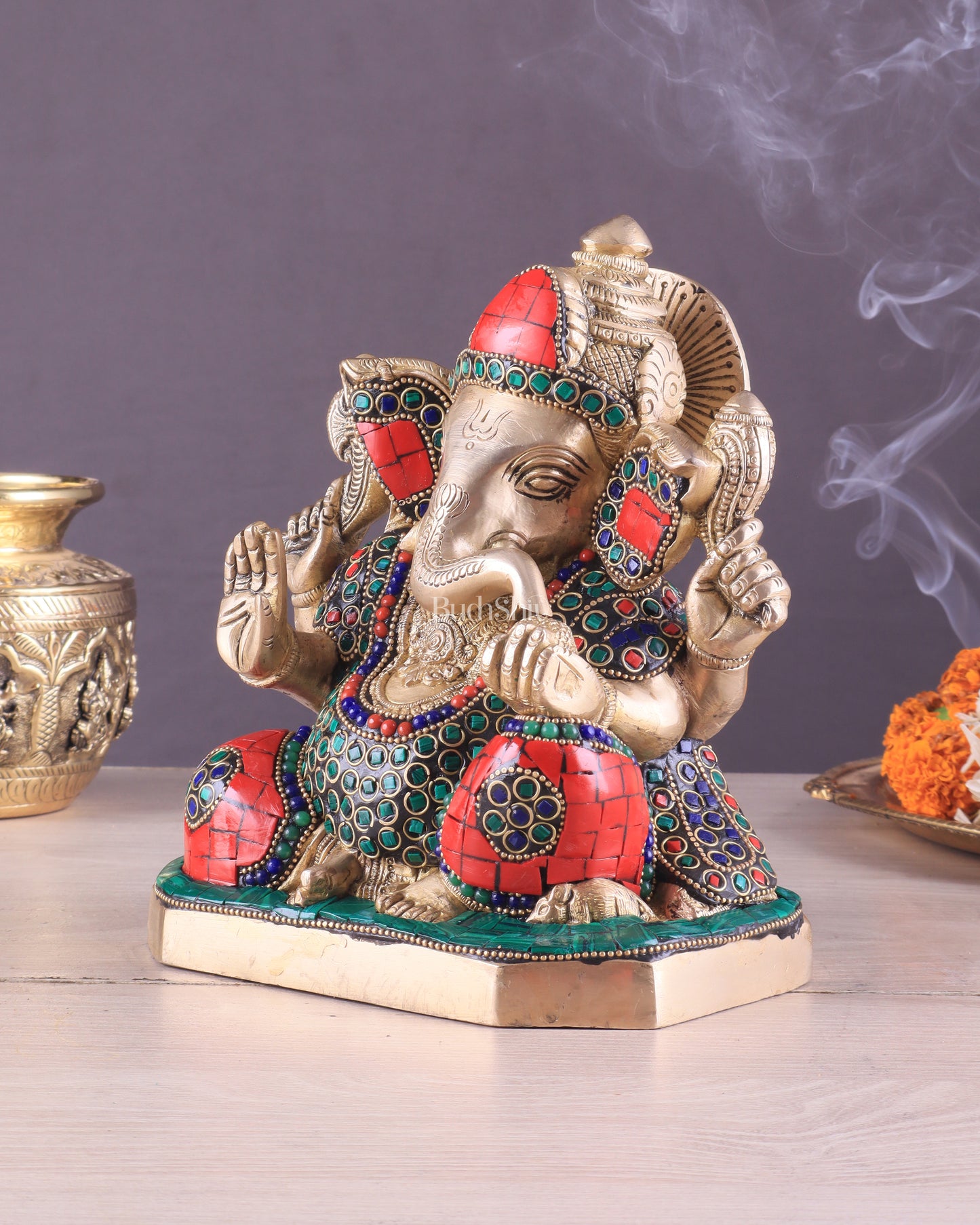 Pure Brass Ganesha Statue with Stonework – 7.5 Inch Elegant Design