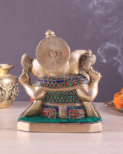 Pure Brass Ganesha Statue with Stonework – 7.5 Inch Elegant Design