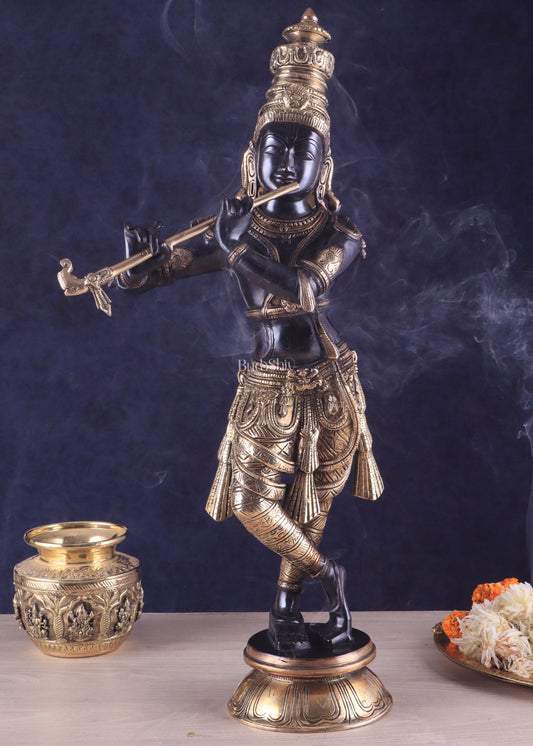 Pure Brass Lord Krishna Statue - Black & Gold Finish, 23 Inches