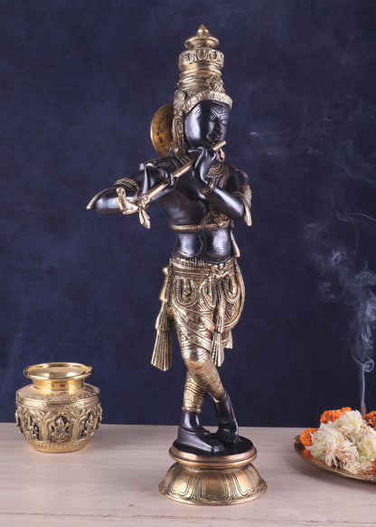 Pure Brass Lord Krishna Statue - Black & Gold Finish, 23 Inches