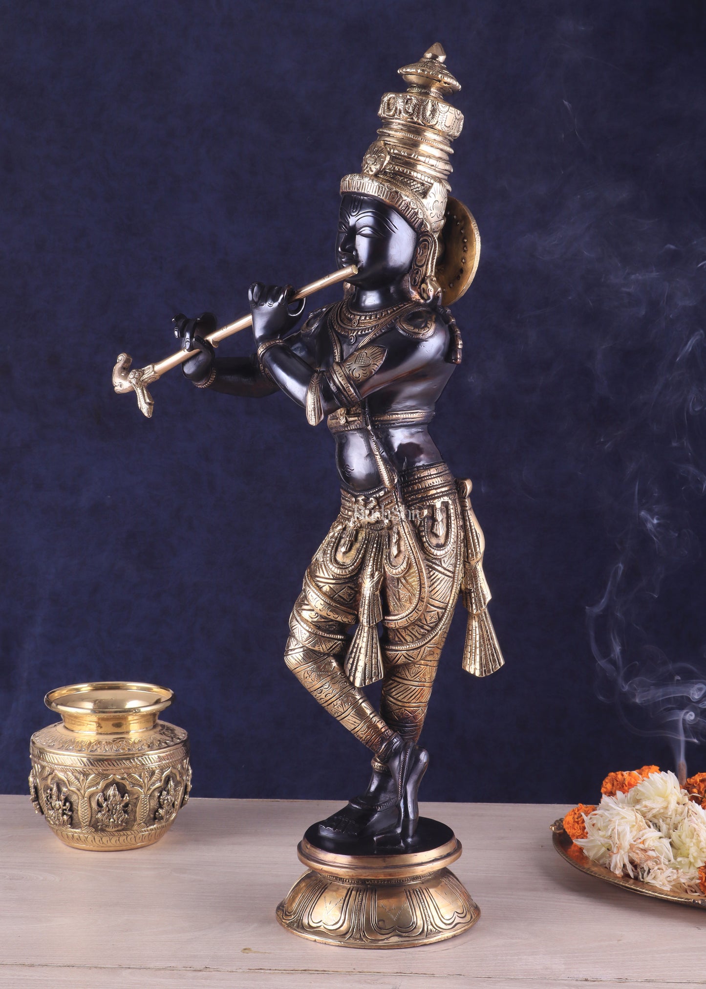 Pure Brass Lord Krishna Statue - Black & Gold Finish, 23 Inches