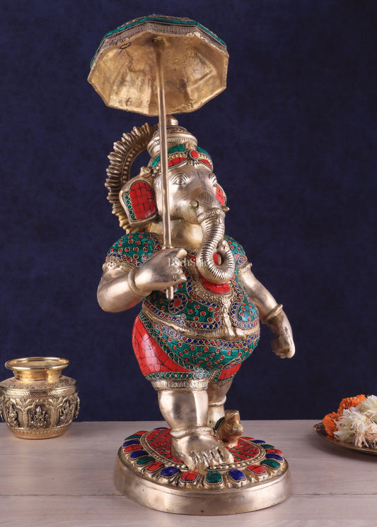 Brass Lord Ganesha Holding Umbrella Statue with Meenakari Stonework – 24 Inch