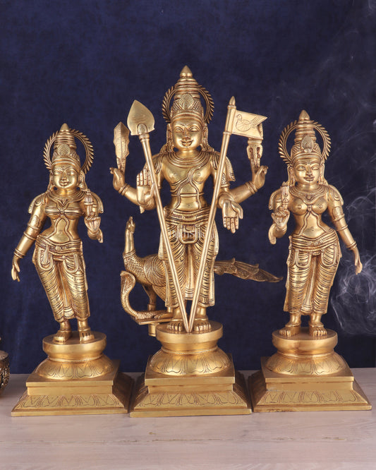 Pure Brass Large Murugan Statue with Valli and Devayani | Divine Trio 25"