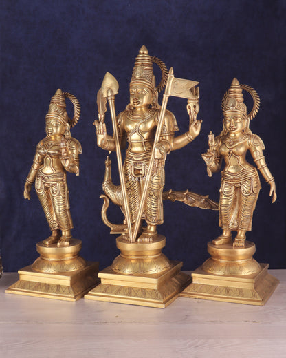 Pure Brass Large Murugan Statue with Valli and Devayani | Divine Trio 25"