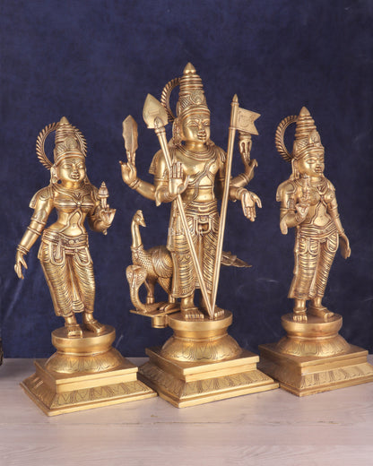 Pure Brass Large Murugan Statue with Valli and Devayani | Divine Trio 25"