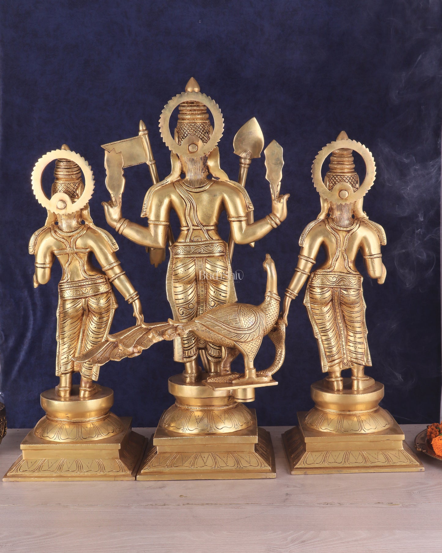 Pure Brass Large Murugan Statue with Valli and Devayani | Divine Trio 25"