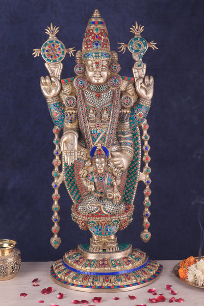 Pure Brass Lord Tirupati Balaji Statue with Goddess Padmavathi Engraved - 34.5 Inch meenakari