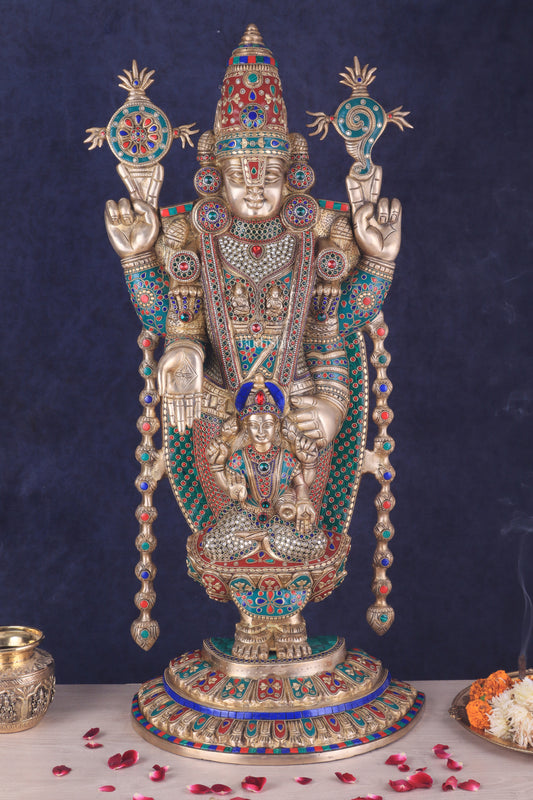 Pure Brass Lord Tirupati Balaji Statue with Goddess Padmavathi Engraved - 34.5 Inch meenakari