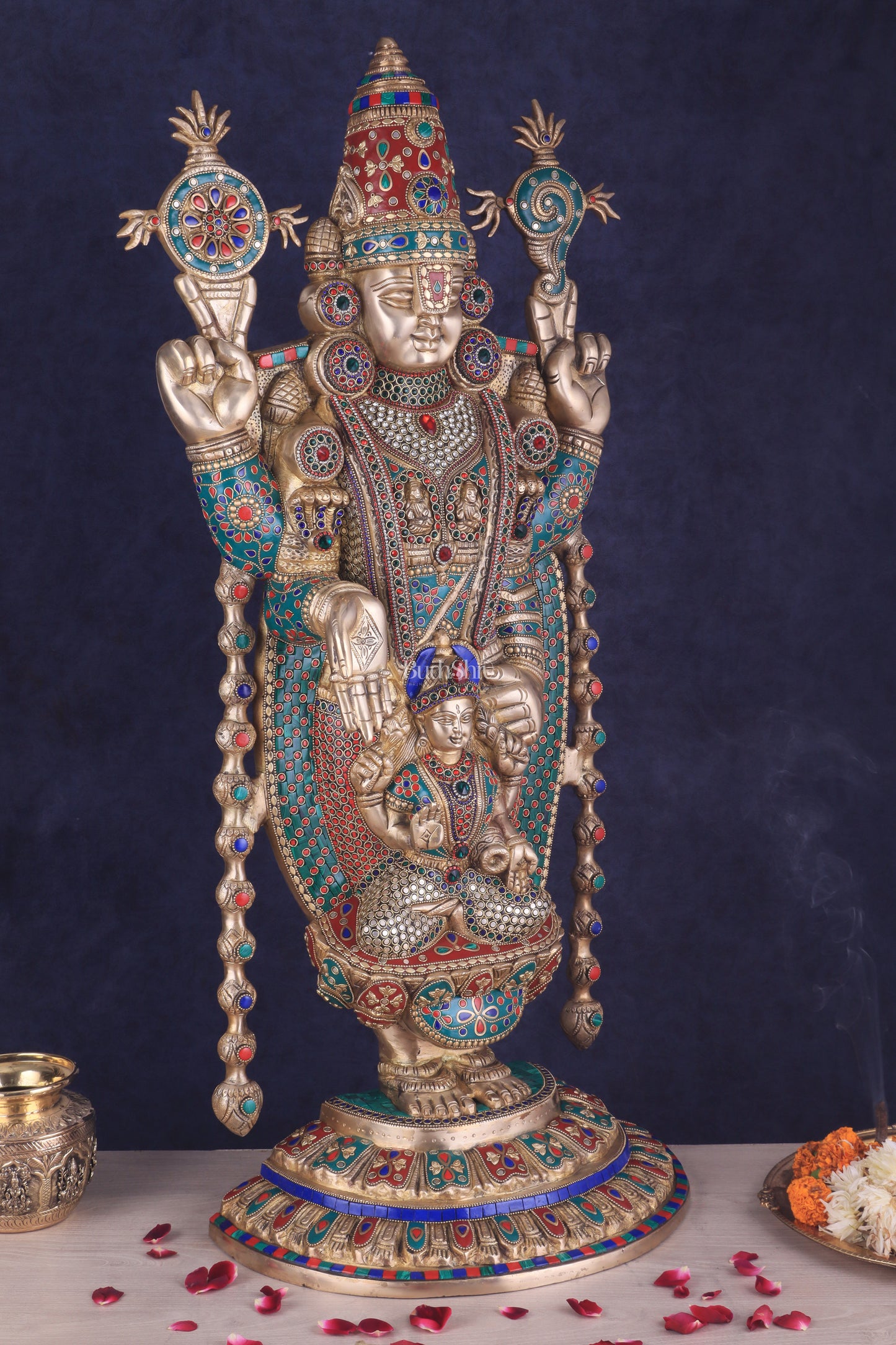 Pure Brass Lord Tirupati Balaji Statue with Goddess Padmavathi Engraved - 34.5 Inch meenakari