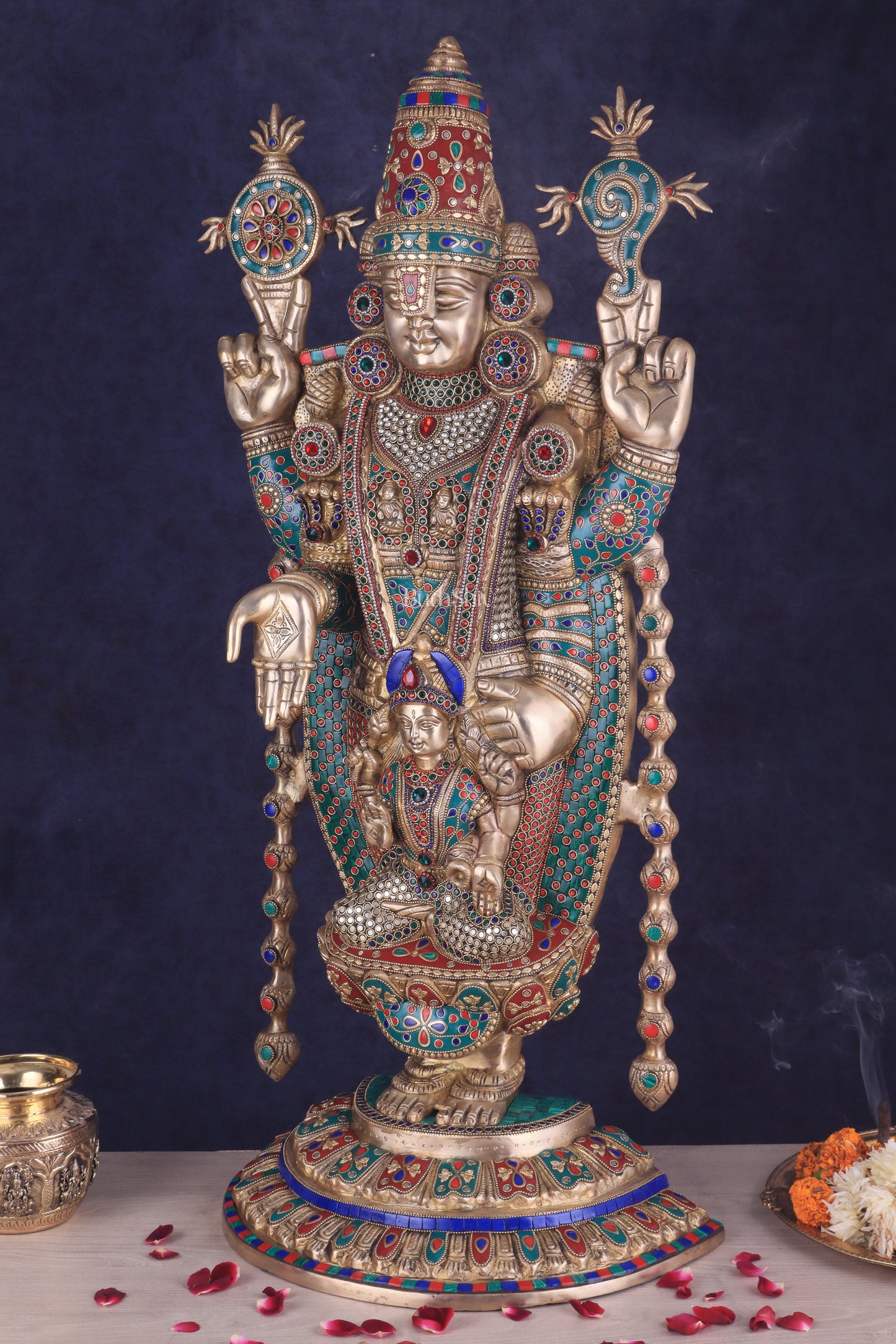 Pure Brass Lord Tirupati Balaji Statue with Goddess Padmavathi Engraved - 34.5 Inch meenakari