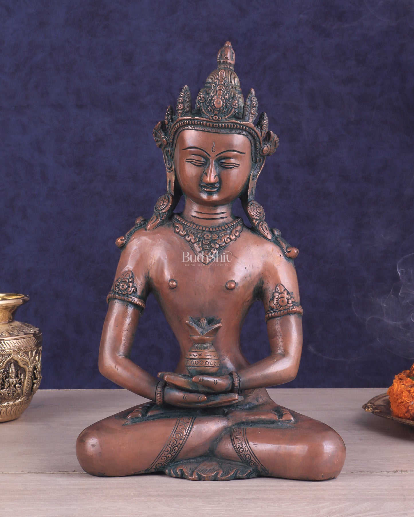 Pure Brass Meditating Buddha Statue - Antique Copper finish , 13" Height