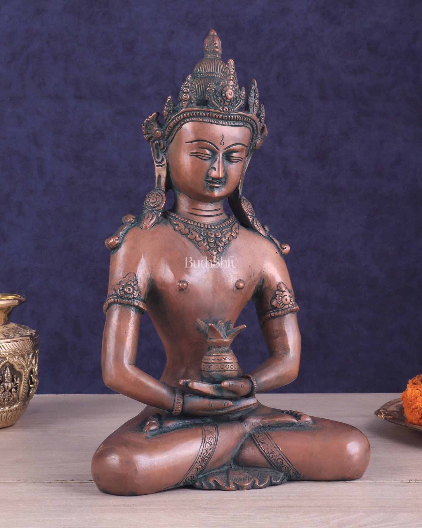 Pure Brass Meditating Buddha Statue - Antique Copper finish , 13" Height